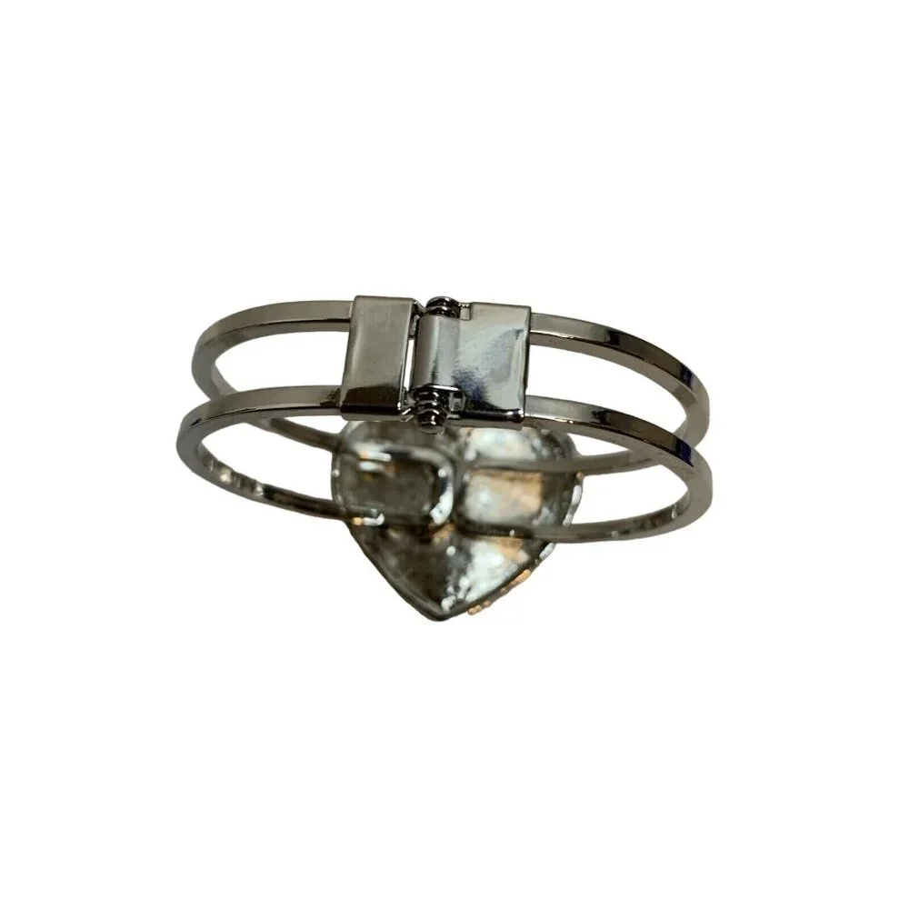 Silver Tone Rhinestone Heart Cuff Bracelet Hinged Bangle Sparkle Glam Gift